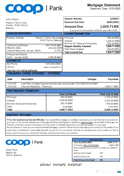 Download Estonia Coop Pank bank mortgage statement scr Photoshop template